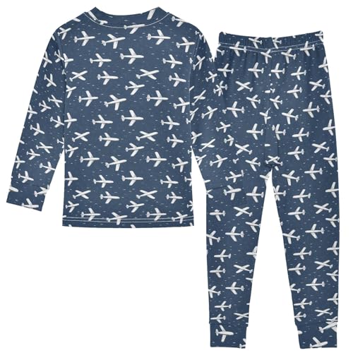 White Airplane Pattern Cute Pajama Sets Long Sleeve Top and Pants, Snug Fit Sleepwear for Night Wears2