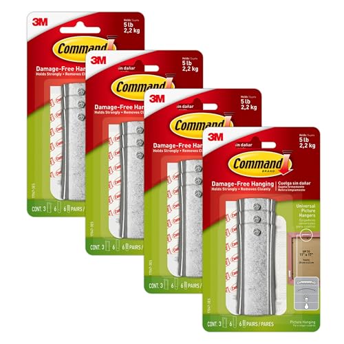 Fijaciones Y Adhesivos, Home Improvement Command Percha universal grande para marco, 3 ganchos de cuadros con 6 tiras de comando y 6 tiras estabilizadoras de marco, decora sin daños