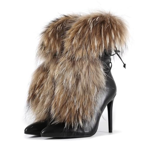 Frankie Hsu Handmade Stiletto Ankle High Heeled Bootie Black Brown Furry Fuzzy Fur Fluffy Plush Girl Shoes For Women Men