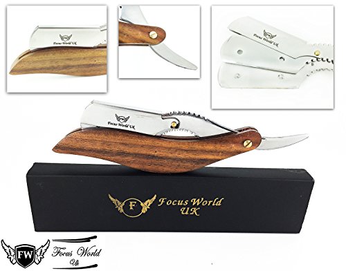 Focus World FW - Maquinilla de afeitar de corte recto para hombre con mango de madera, acero inoxidable, con una elegante funda negra