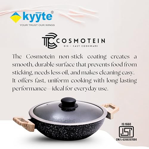 Image of kyyte CosmoTein Die Cast Non Stick Kadhai with Glass Lid 20 cm Dia 1.6L,Curry,Dal,Nonstick Kadai Wok with 5 Layer Coating,Gas &Induction Stove Friendly,Dishwasher Safe,PFOA&PFOS Free, Safe&Toxic-Free.