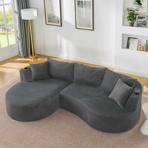 LPdorbe Canapé d'angle Convertible modulable 3-4 Places–Design incurvé en Velours côtelé,avec Porte-gobelets et Coussins–Canapé compressé sans...