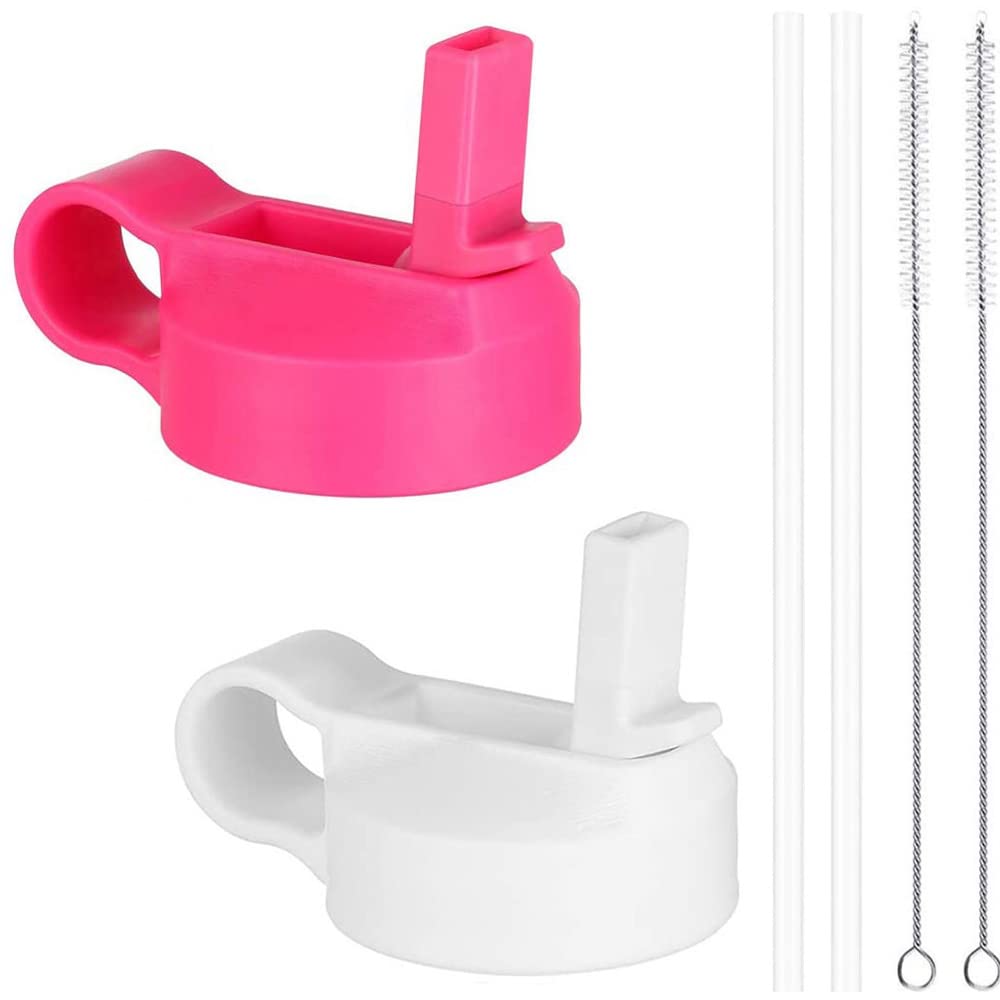 Wide Mouth Straw Lids Compatible with Most Sports Water Bottles, 2 Lids 2 Long Straws 2 Brushes in 1 Value Pack. (Flamingo/White)