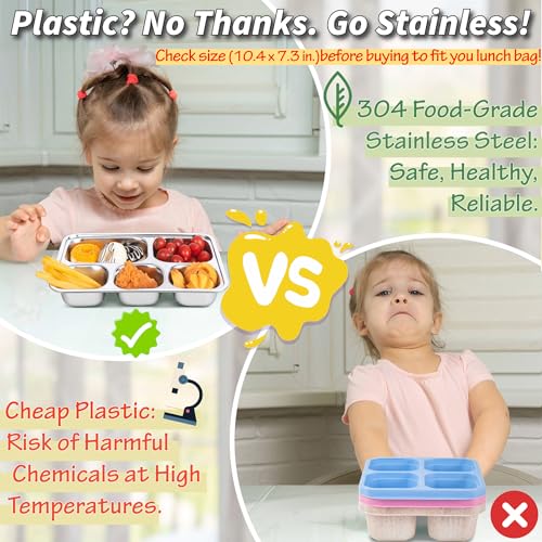 Image of Stainless Steel Snack Containers with Plastic Lids - 3 Pack - 5 Compartments Bento Snack Boxes - Large Reusable Meal Prep for Kids Adult - Divided Food Storage Container for School, Lunch, Home Travel