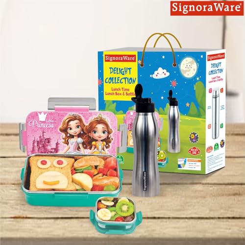 Image of SIGNORA WARE Delight C Nugget Stainless Steel Printed Lunch Box Set for Kids | Airtight Lid with Clip Lock | Compact & Sleek Size | Great for Picnics & Outdoors (700ml + 130ml + 750ml Bottle | Pink)