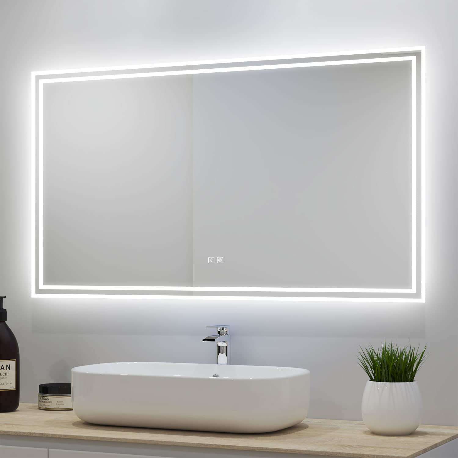 Espejo Rectangular Bluetooth LED de Baño 160 x 80 cm, 3 Luces Cambiable, Antivaho, Botón Táctil