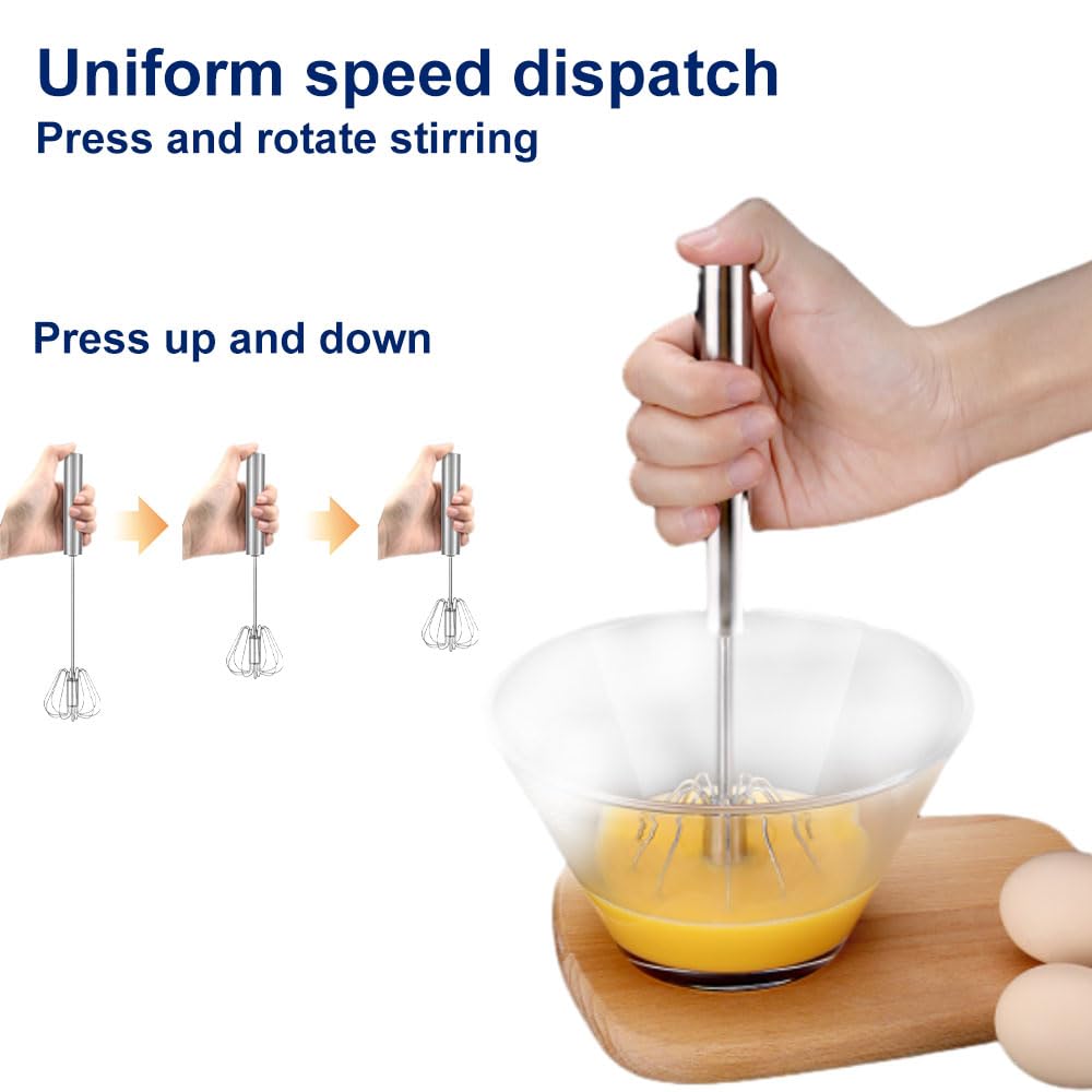 Runsgo Semi Automatic Whisk,2024 New Egg Beater,Egg Mixer Spinner,Made Of 304 Stainless Steel,Press Down And It Will Automatically Rotate 360°,Saving Time And Effort (10 inch)