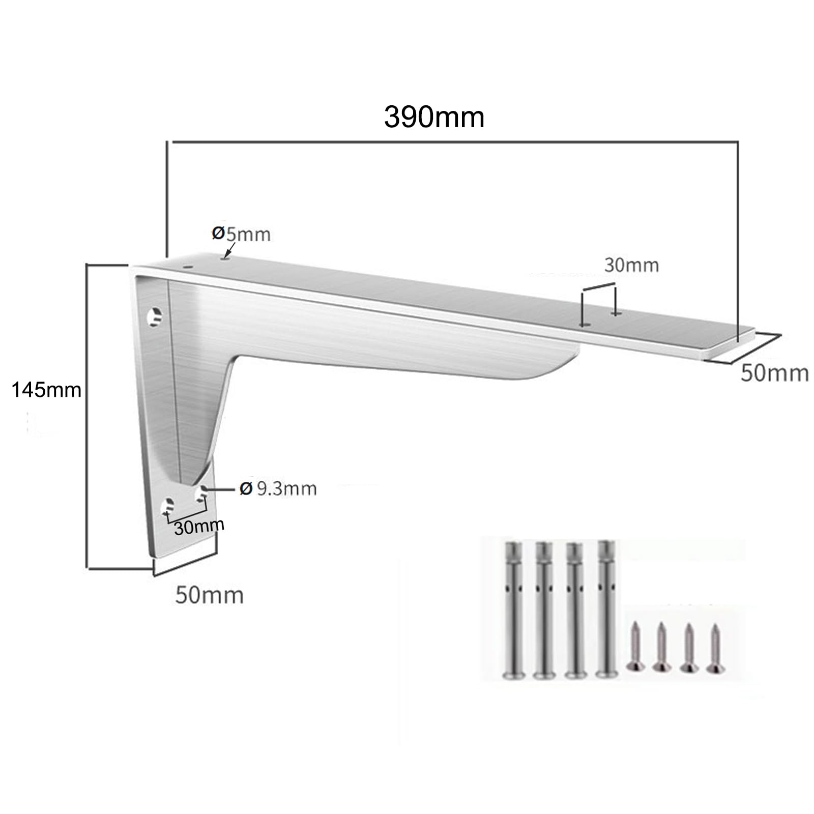 2 Pezzi Reggimensola,Staffe per Mensole Pesanti in Acciaio Inox,Staffa a Parete per Mensola Galleggianti,Supporti per Scaffali a L,per Capannone,Libreria,con Viti,Argento (390mm)