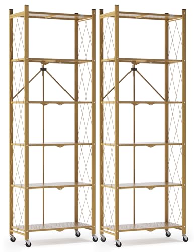 Image of ALANNG 73.6 Inch Folding Bookshelf, 6 Tier Metal Bookcase and Bookshelves | Tall Shelves for Living Room Office Bedroom, Heavy Duty Book Shelve Free Standing Open (Gold, 2PACK)