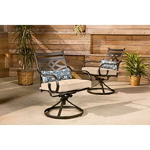 Hanover Montclair 7-Piece Outdoor Dining Set with 6 Swivel Rockers, Tan Cushions and Stamped Steel Rectangular Dining Table, Patio Dining Set for 6, Premium All-Weather Patio Furniture for Deck