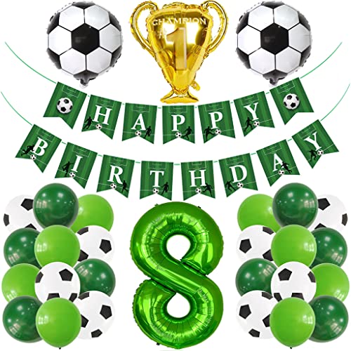 Glecxuy Fußball Geburtstagsdeko 8 Jahr, Fußball Luftballon 8. Geburtstag Junge, Grün Helium Ballon 8. Geburtstag Deko, Fussball Deko Happy Birthday Girlande für 8 Geburtstag Party Deko Cover