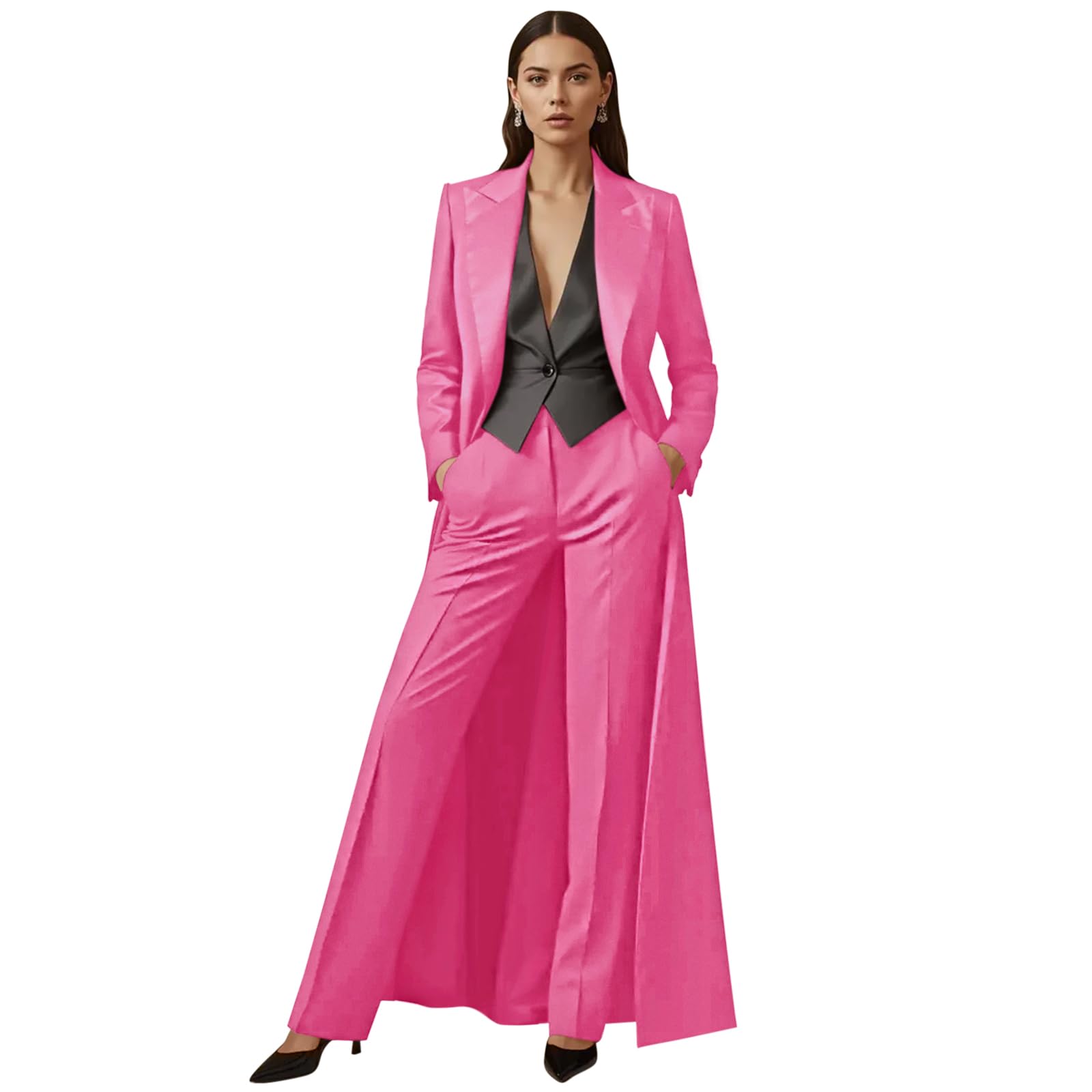 Womens Long 2 Piece Suit Jacket Pants Slim Fit 1 Button Elegant Suit Set for Casual Business Office