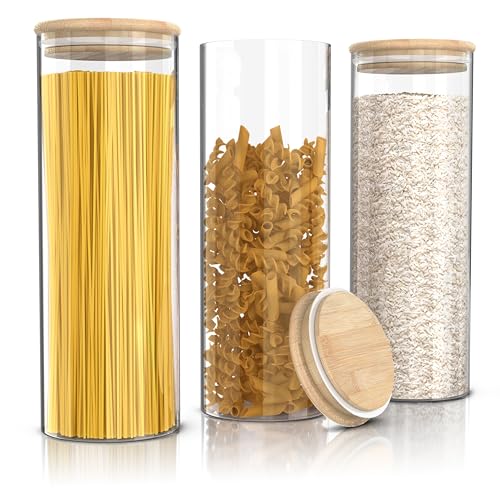 Arendo - Vorratsgläser mit Deckel - 3er Set - 10 x 28 cm / 2 Liter - Glasbehälter aus Glas – hitzebeständig – Vorratsdosen mit Holzdeckel - luftdicht - für Müsli Zucker Mehl Spaghetti Kaffee Reis