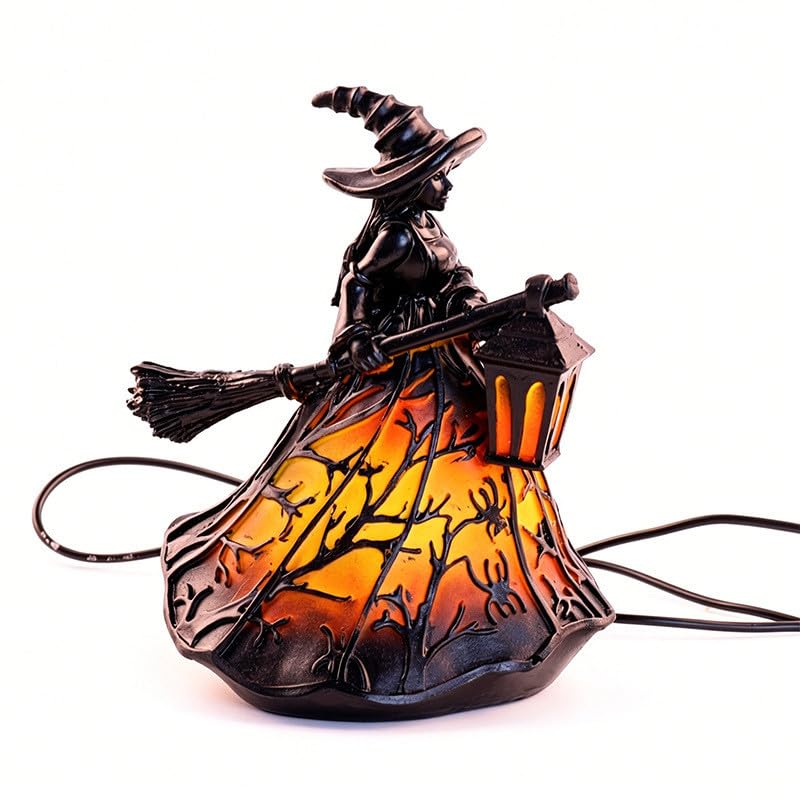 Halloween Witch Lamp, Stained Glass Gothic 3D Witch Hat Led Night Light, Spooky Resin Witches Standing Led Night Light, Spooky Decorative Table Lamps for Home Porch Tabletop Party Decor