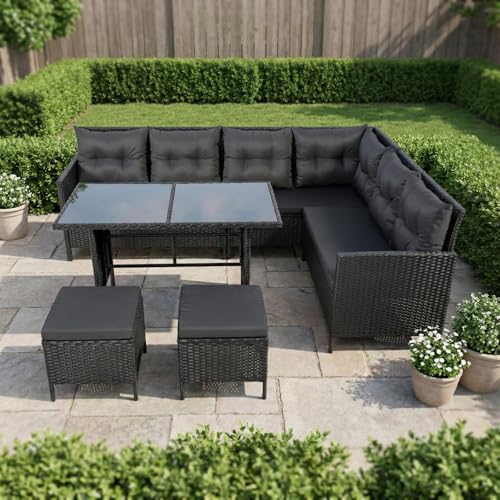 Home Collective Gartenmöbel Set 7-Sitzer mit Ecksofa Lounge Möbel Outdoor Gartenlounge Outdoor Sofa | mit gehärteter Glasplatte & gemütliche Polster für Garten | Polyrattan Schwarz & Schwarze Kissen