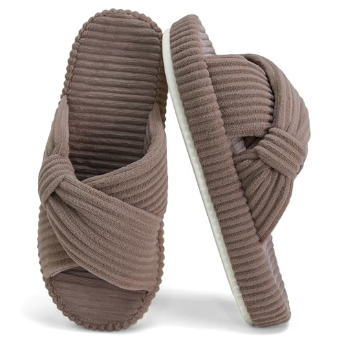 Women's House Slippers Corduroy Indoor Slippers Memory Foam Bedroom Open Toe Slippers Cross Band House Shoes