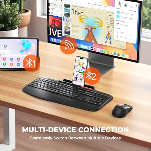 Image of MEETION Bluetooth Wireless Keyboard Mouse Combo with Tablet Holder | Slim ergonomic keyboard with quiet scissor keys, 4 DPI wireless mouse, works with Windows, Mac, PC, laptop, phone and tablet