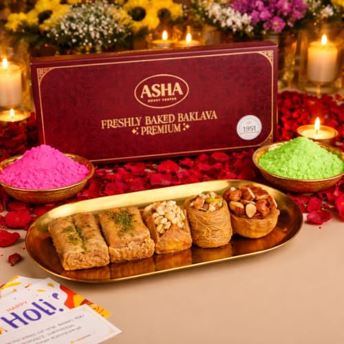 Image of ASHA SWEETS Holi Celebration Combo Pack with Premium Baklava (250gm), 2 x Organic Gulal & Wish Card Set for Gifting & Celebration|Premium Holi Festive Gift Box for Family & Friends