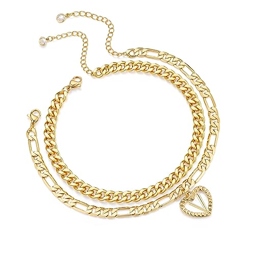 Image of Dainty Gold Ankle Bracelets for Women 14K Gold Plated Heart Initial Anklets for Women Stackable Cuban Figaro Chains Women's Anklets Anklets for Women Waterproof