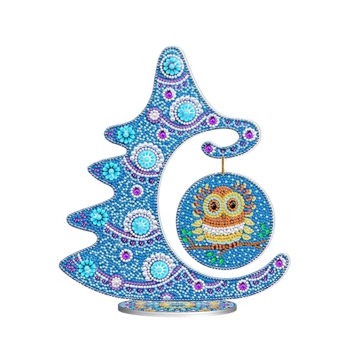 Image of AiYuanzsh Blue Christmas Tree Diamond Art Tabletop Ornament with Owl Hanging Kit, Acrylic Diamond Painting Desktop Decoration Kit, DIY Holiday Diamond Art Crafts 9.84 x 11.22 inch