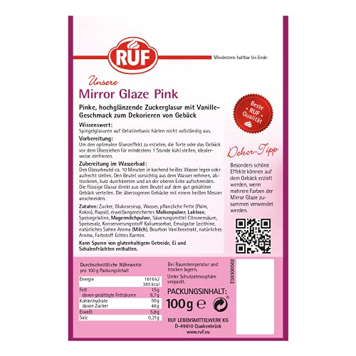 RUF Mirror Glaze Pink, gebrauchsfertig im Beutel, hochglänzende Spiegel-Glasur zum Glasieren von Mousse-Torten, Gebäck & Muffins, glutenfrei, 1 x 100g