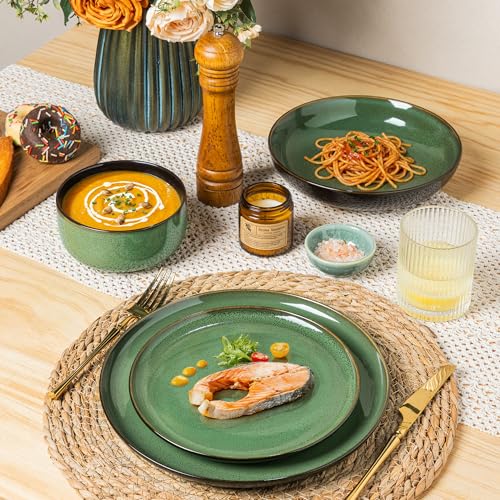 Image of LeRatio Ceramic Dinnerware Sets for 6,Porcelain Plates and Bowls Sets,Handmade Reactive Glaze Dishes Set,Chip Resistant and Scratch Resistant | Oven&Dishwasher & Microwave Safe-Green(18PCS)