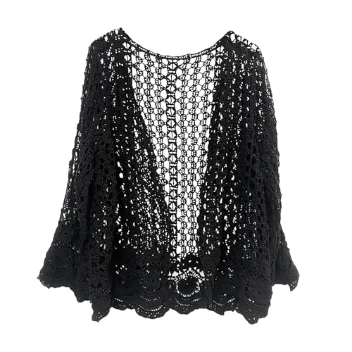 Generisch Cárdigan de verano para mujer, manga larga, de ganchillo, con flores, con parte delantera abierta, de malla, ligera, elegante, cómoda, Negro , Talla única