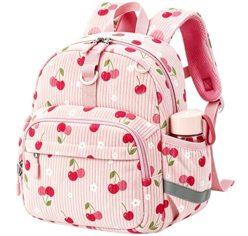 Image of LOIDOU Toddler Backpack for Girls Ages 2-4, 12 Inch Mini Preschool Daycare Bookbag with Insulated Snack Pocket, Corduroy Small Kids Travel Backpack, Pink-cherry