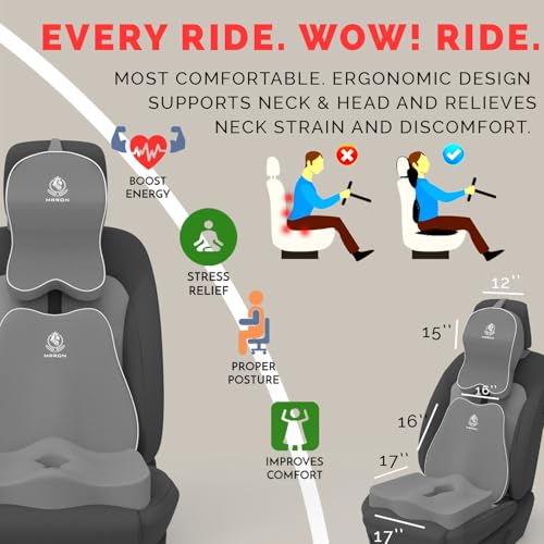 Image of MRRON Memory Foam Car Seat Cushion Combo - Backrest, Coccyx Cushion & Neckrest - Orthopedic Support for Back, Tailbone, Sciatica & Neck Pain - Ergonomic Comfort for Car, Office. (Grey, Slim Backrest)