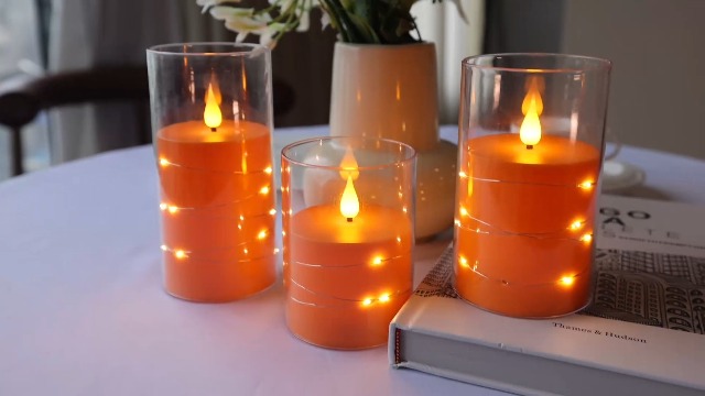 Image of Da by Flickering Flameless Candles with Remote,Acrylic LED Candles with Embedded Star String,Battery Operated Candle, for Home and Holiday Decoration Set of 3(Orange) (Pack of 2)