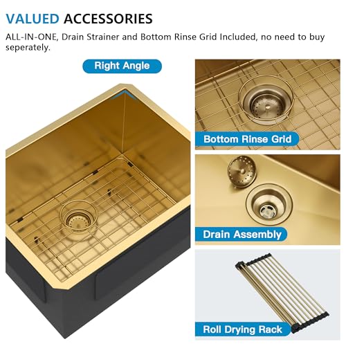 Image of 24 inchx18 inch Undermount Laundry Utility Sink - 16 Gauge 304 Stainless Steel Brushed Gold NANO-PVD 12 Inch Deep Single Bowl Under Counter Laundry Room Sink