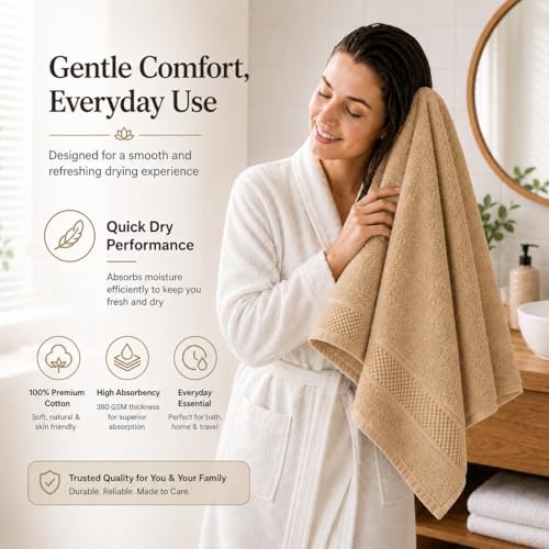 Image of 100% Pure Cotton Bath Towel for Men & Women | 380 GSM Ultra Soft, Highly Absorbent & Quick Dry Bath Towel | Large 55 x 28 Inch Matty Terry Towel for Bathroom, Gym, Travel & Daily Use | Light Brown