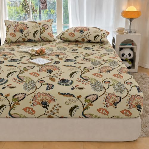 Image of VOMZER 300 TC Cotton Feel Glace Cotton All Around Elastic Fitted Printed Queen Size Double Bed Bedsheet with 2 Pillow Cover(60 inchx78 inch, Beige Anokhi)