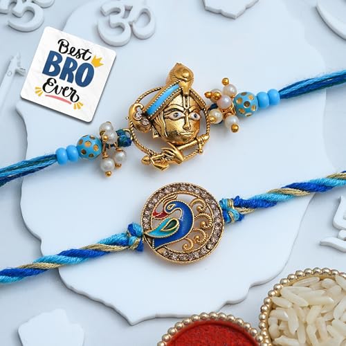 Image of eCraftIndia Lord Krishna Playing Flute Peacock Designer Rakhi Set of 2 | Rakhi for Brother Bhaiya Bhai with Best Bro Ever Fridge Magnet | Roli Chawal Pack