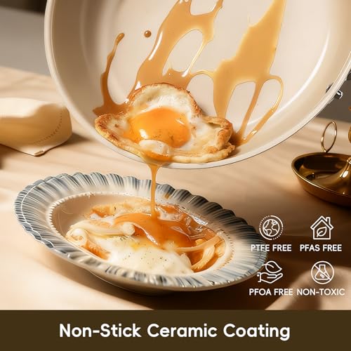 Ceramic Nonstick Frying Pans Set, Fry Pan Skillet, Non Toxic Pans for Cooking, Egg Pans,Induction Suitable,PFAS-Free Cookware, Dishwasher Safe, Oven Safe (Cream/White, 20+24+28CM) - Image 3