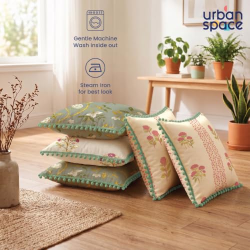 Image of Urban Space Cotton Cushion Cover Set of 5, 16 x 16 Inches, Decorative Throw Pillow Covers with Pom Pom, Printed Sofa Cushion Covers for Living Room, Home Decor (CC2, 40Cm x 40Cm, Set of 5)