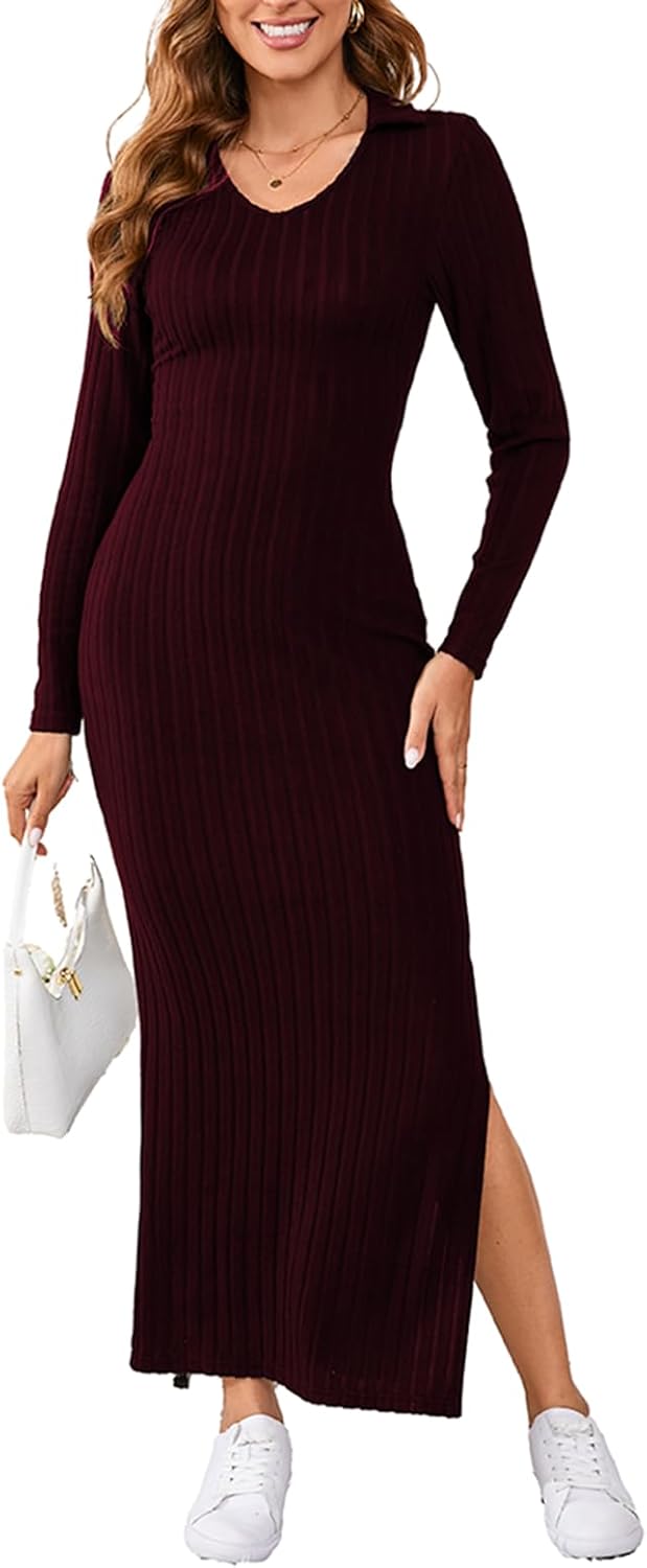 Women's Casual Long Sleeve Collar V Neck Maxi Sweater Dress Sexy Slit Thigh Ribbed Knit Bodycon Pencil Dresses Burgundy Large