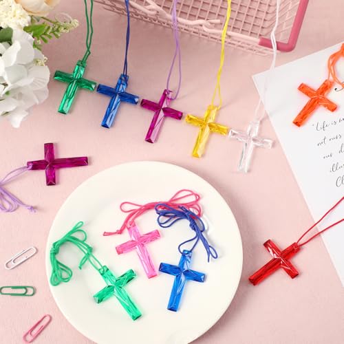 JULMELON Crystal Cross Necklace, 32Pcs Plastic Cross Necklace Colored Christian Necklace Easter Church Gifts Religious Bible Toys for Easter Vacation Activities4