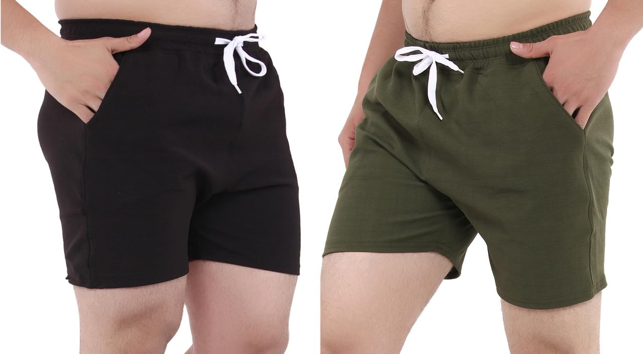 Men's Cotton Shorts Combo Lightweight Soft Fabric with Pockets Sports for Running Shorts Gym Shorts Half Pants Black and olive- (Pack of 2)-image-46