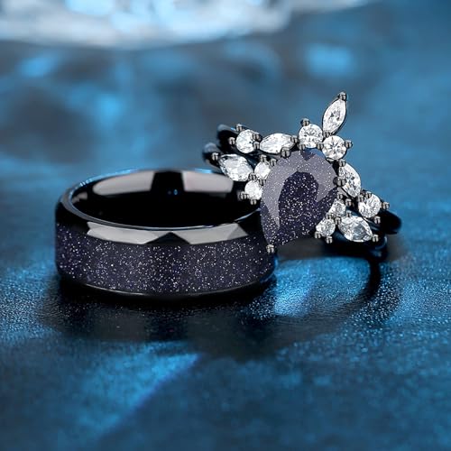 Custom Black Matching Rings - Couples' Blue Sandstone, Pear Cut with Personalized Engraving4