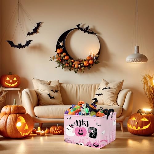 Image of Halloween Basket Gift Cute Pumpkin Ghost Parties Decor Kid Trick or Treat Basket for Boys and Girls Rectangular Storage Bin Box (Pink)