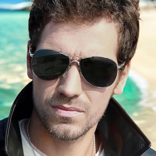 Image of Polarized Aviator Sunglasses for Men | Alloy Frame UV Protected Anti-Glare Goggles for Outdoor Driving Riding Fashion Beach | Stylish Sunglasses for Men | Silver Gun Black (Large)