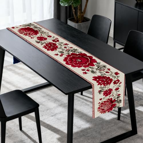 Image of Nuxovilar Red Peony Table Runner Flax 13x72 in | Holiday Runner Flax Placemats Dining Accessories Set Cultural Dinner Event Room Area (Red Peony Floral)