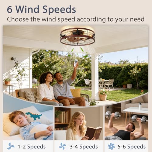 Image of VOLISUN Farmhouse Caged Ceiling Fans with Lights Flush Mount, 19.7'' Rustic Low Profile Ceiling Fan with Light and Remote, Bladeless Fandelier Ceiling Fans with Lights for Kitchen, Bedroom(Wood)