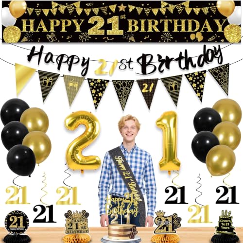 Image of 21st Birthday Decorations for Men, Black Gold 21st Party Decoration Kits