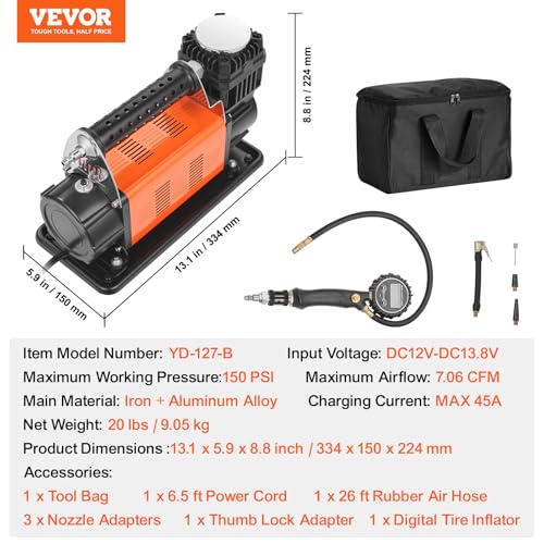 Image of VEVOR 12V Heavy Duty Air Compressor - with Digital Pressure Gauge Tire Inflator Kit, 7.06 CFM Portable Tire Inflator, 150PSI Offroad Air Pump with Adapters for Trucks Car SUV 4 x 4 Vehicle RV