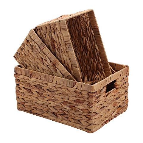 Storage Baskets,Woven Natural Water hyacinth Box with Handle,Kingwillow.(Set of 3) Cover