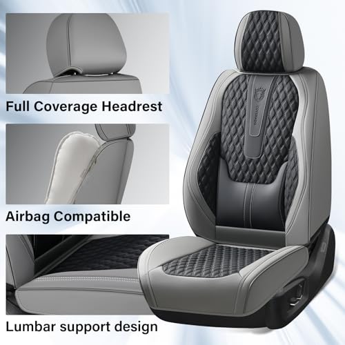 Image of Coverado Car Seat Covers Full Set, Nappa Leather Seat Covers, Waterproof Car Seat Protector with Lumbar Support, Automotive Seat Covers Universal Fit for Most Cars SUV Trucks (Black-Gray)