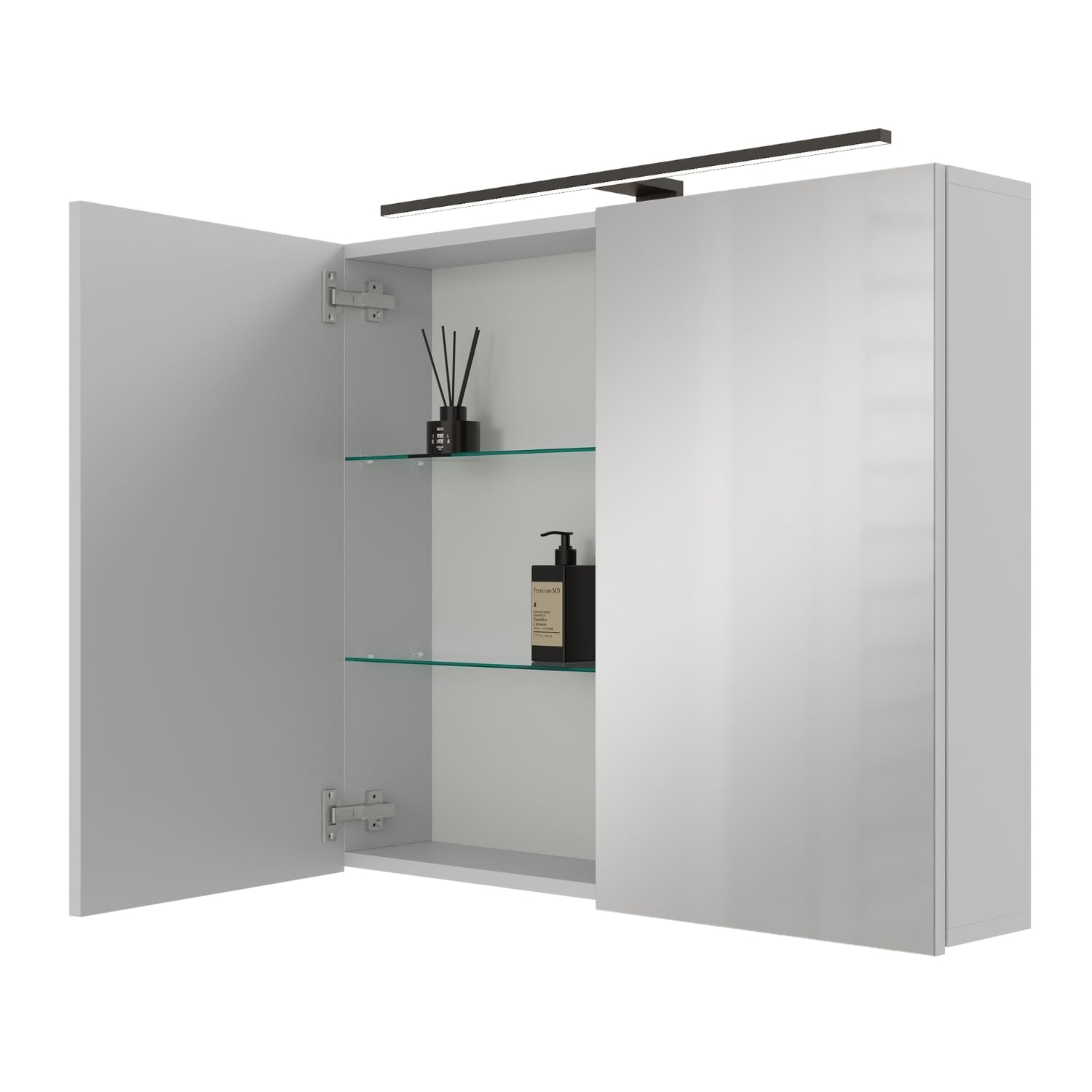 Planetmöbel ARIA Spiegelschrank Bad mit Beleuchtung 80 cm breit | Badschrank hängend mit Spiegel | Weiß Grau, mit Leuchte und Steckdose, Spiegelschrank Gäste WC 80 x 70 x 16 cm