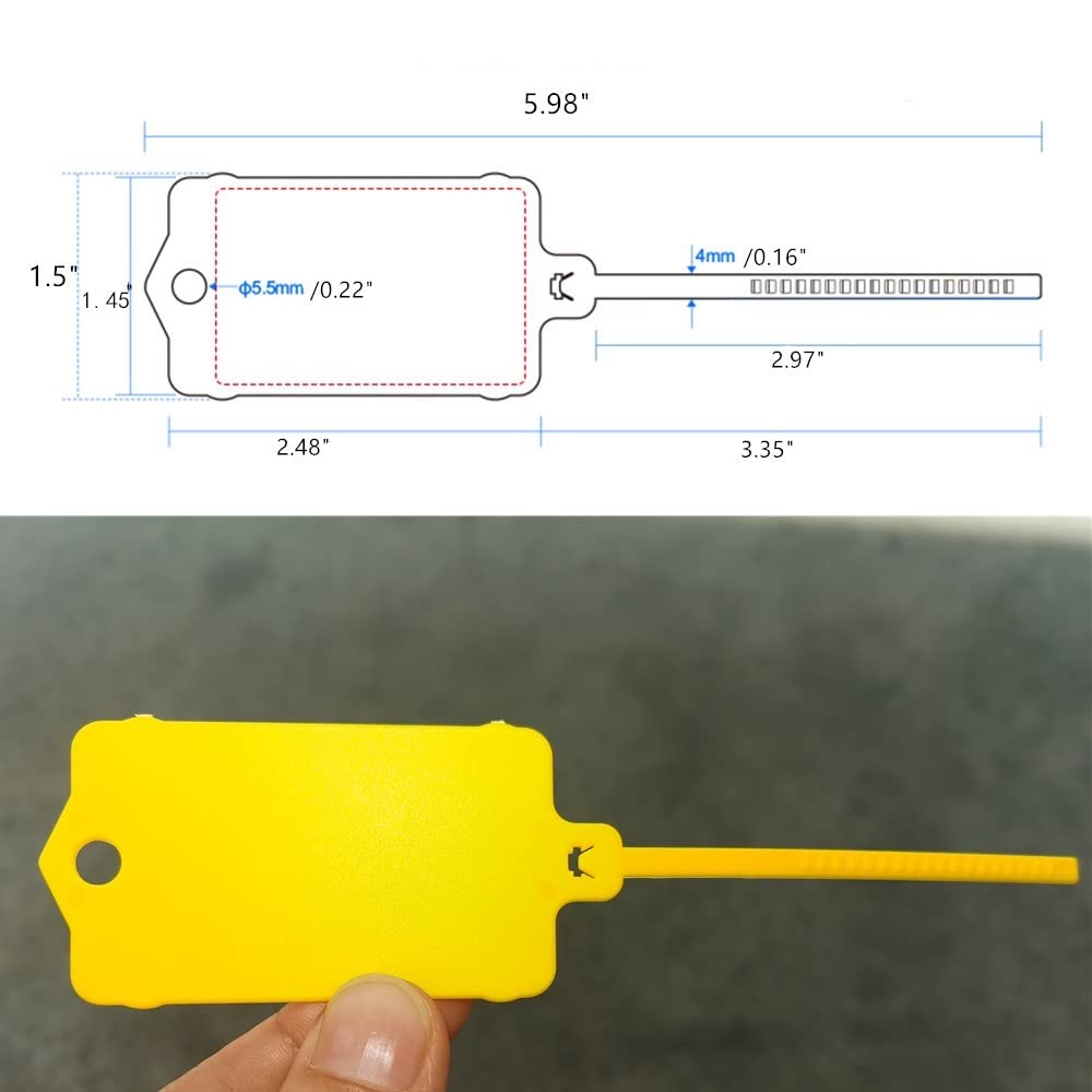 100pcs Reusable Blank Plastic Tags Ties Key Tags 1.45"*2.48" Serrated Tension Sealing Strap with Large Label Plastic Tie Mark Label Waterproof Hang Sign Write on Tag (Yellow - Image 2